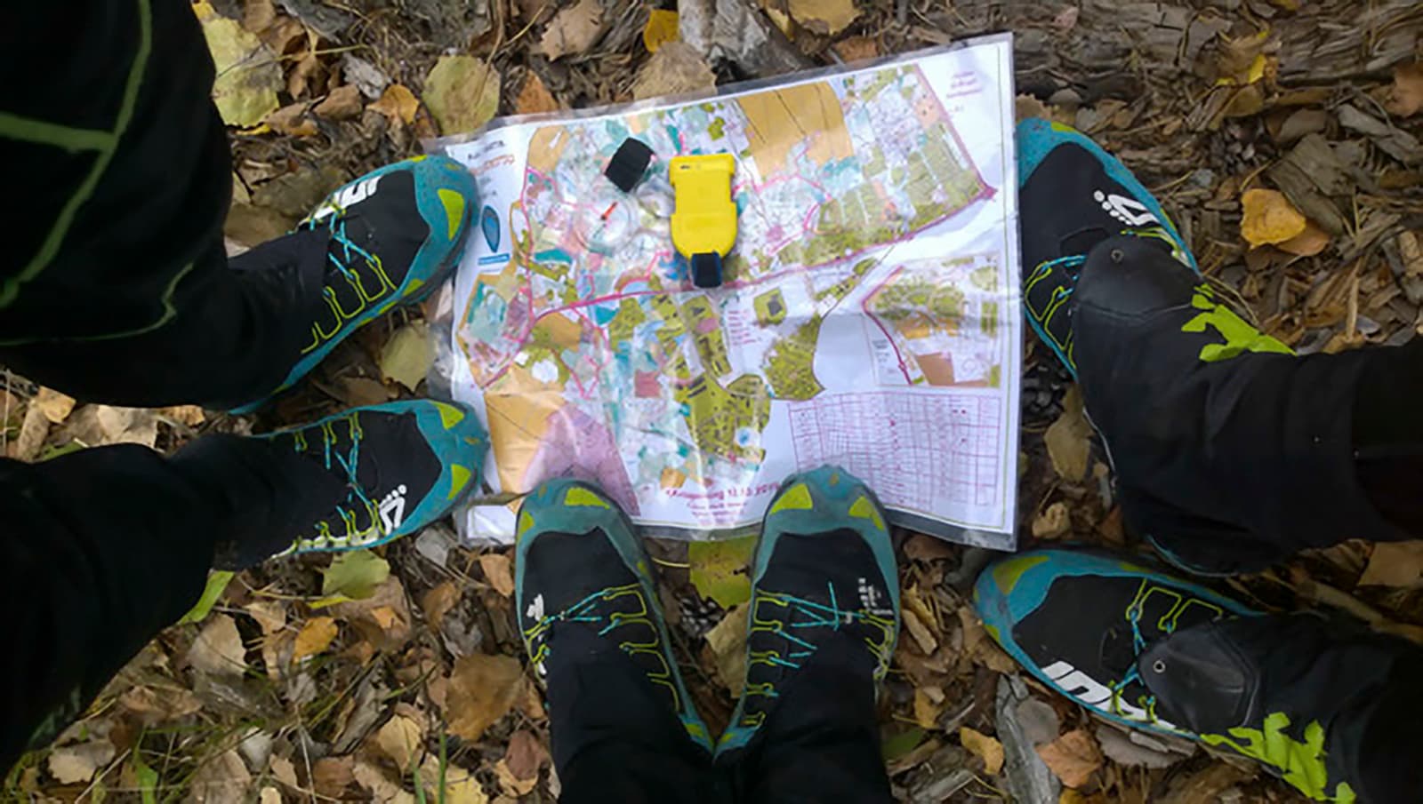 Bild: Tapani Mikkola Orienterarna har lagt kartan på marken vid sina fötter.