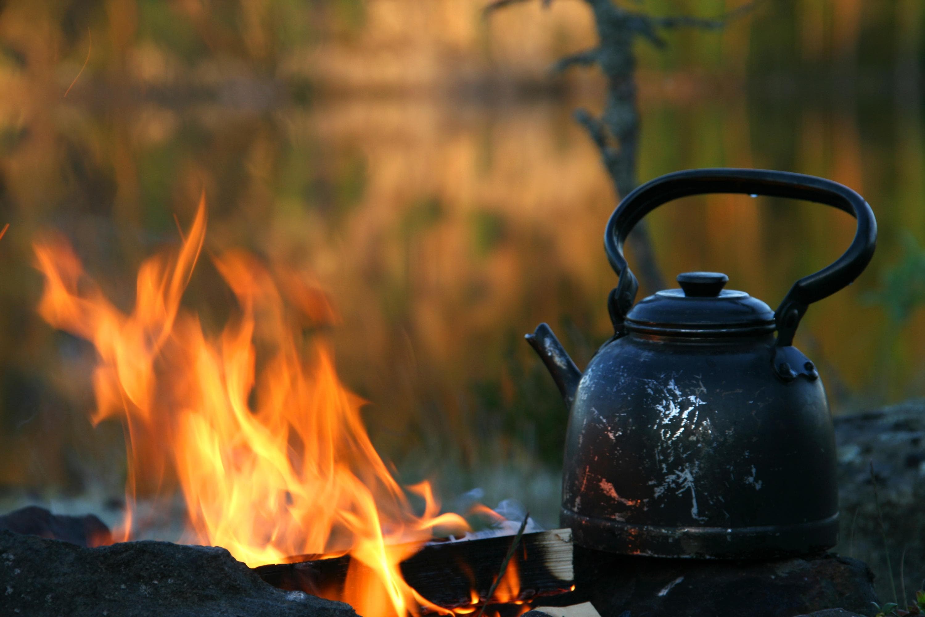 Image: Ari Väisänen A sooty coffee pot sits on the grate at the campfire site. Nearby, the fire crackles.