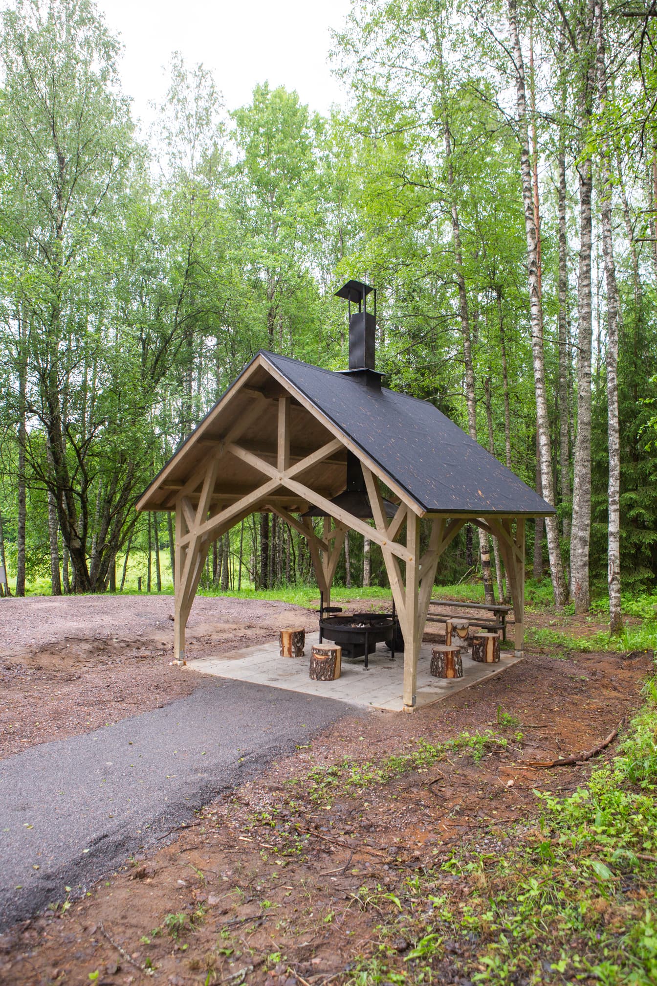 Kuva: Joel Heino Harjakattoinen katos. Katoksen alla on tulentekopaikka. Katoksessa ei ole seiniä