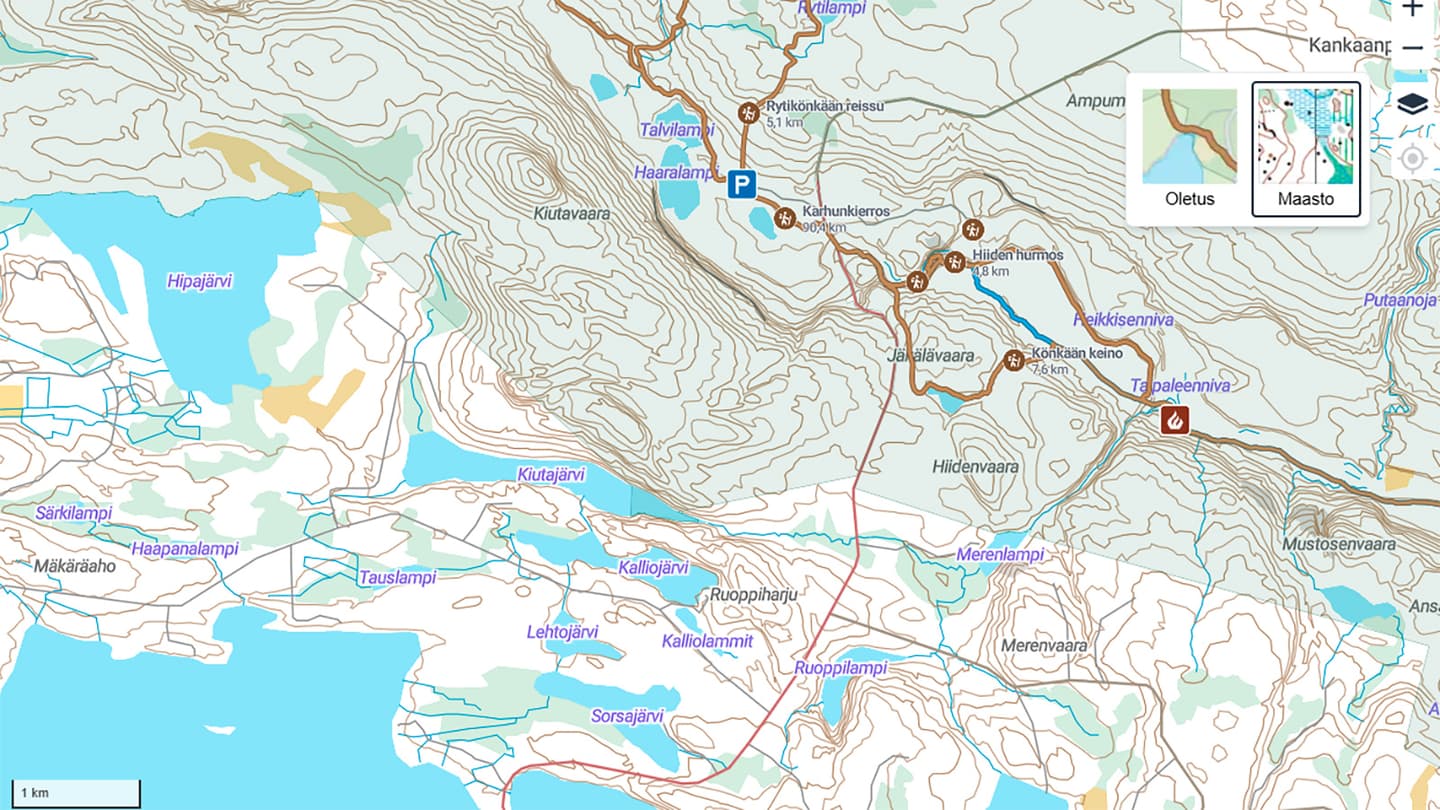 Image: Metsähallitus/Forststyrelsen A topographic map showing water, fields, forest, and roads.