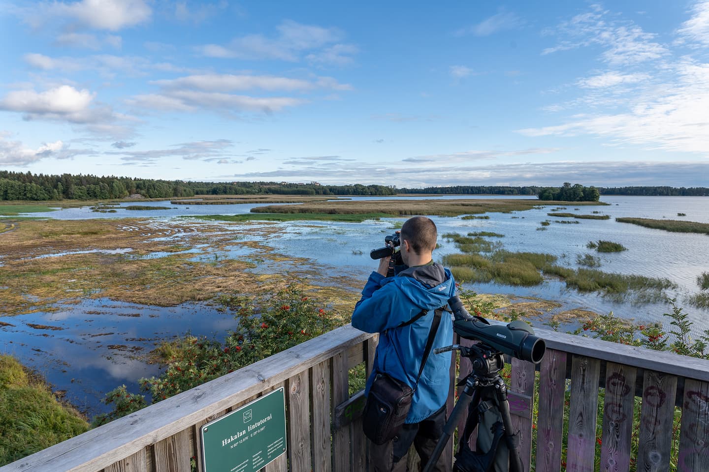 Image: Mira Lainiola / Helsingin kaupunki A person is photographing the bay from the tower, with a telescope behind the person. On the side of the tower is a sign titled “Hakalan lintutorni" (Hakala Birdwatching Tower).
