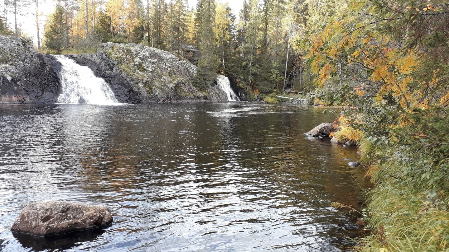 Kuva: Paula Aspholm Kaksi vesiputousta laskee kallion molemmin puolin tyynempään veteen. Ympärillä syksyinen metsä.