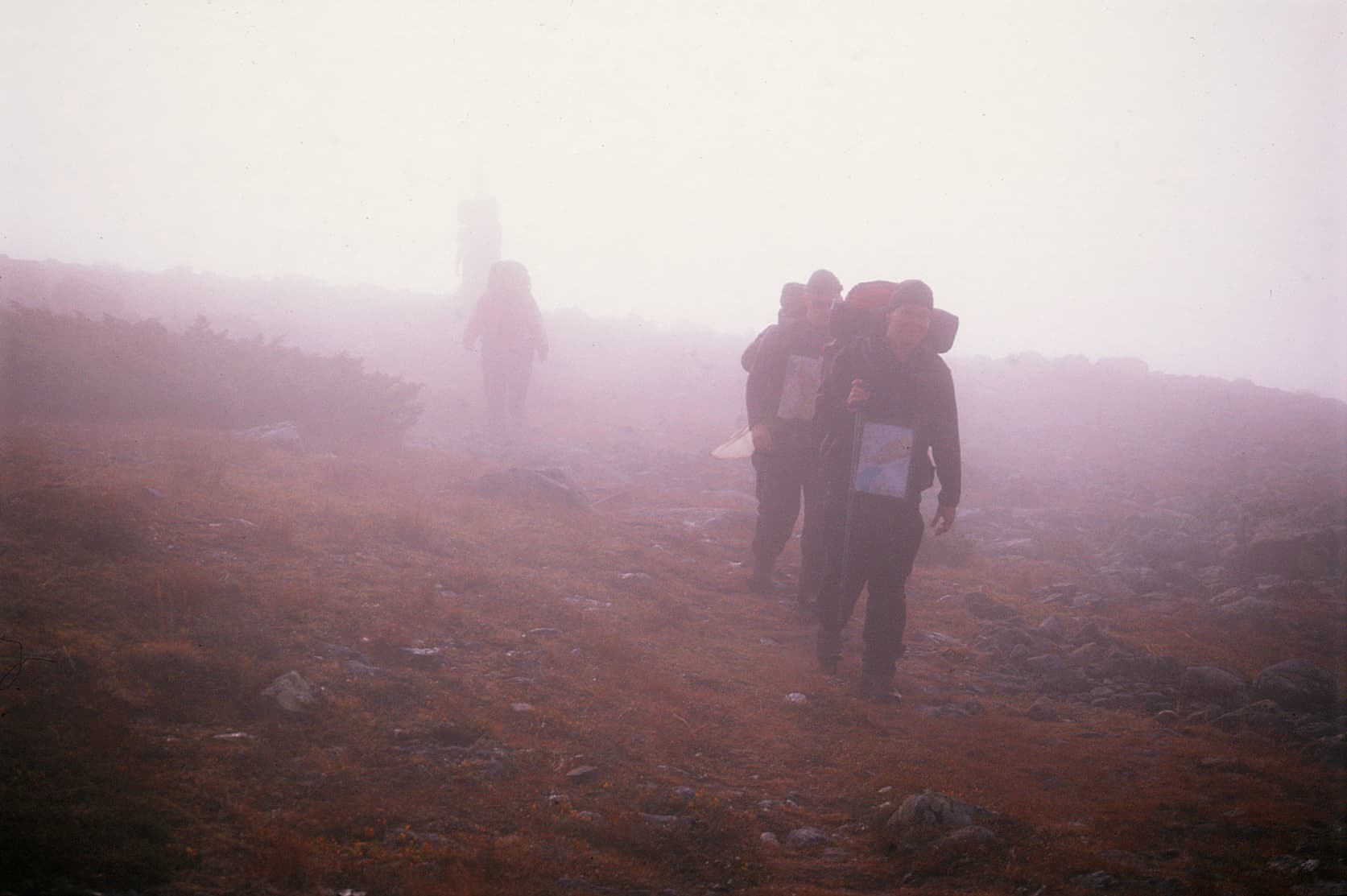 Kuva: Tage Lampen Neljä retkeilijää kävelee tiheässä sumussa kohti kuvaajaa.