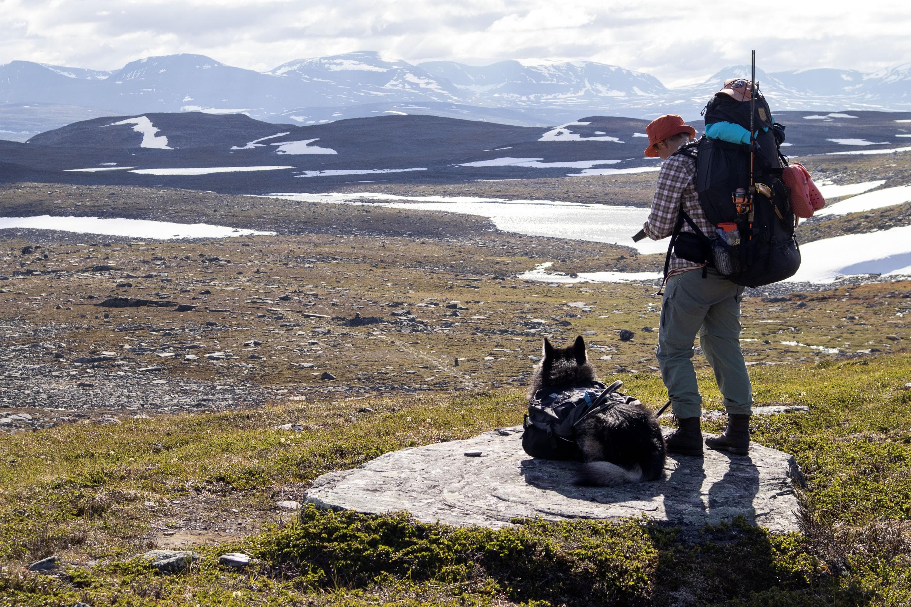 Kuva: Anna Pakkanen Vaeltaja tutkii karttaa koira vieressään. Edessä kivikkoinen ja osin luminen maasto ja kauempana tunturirivistö.