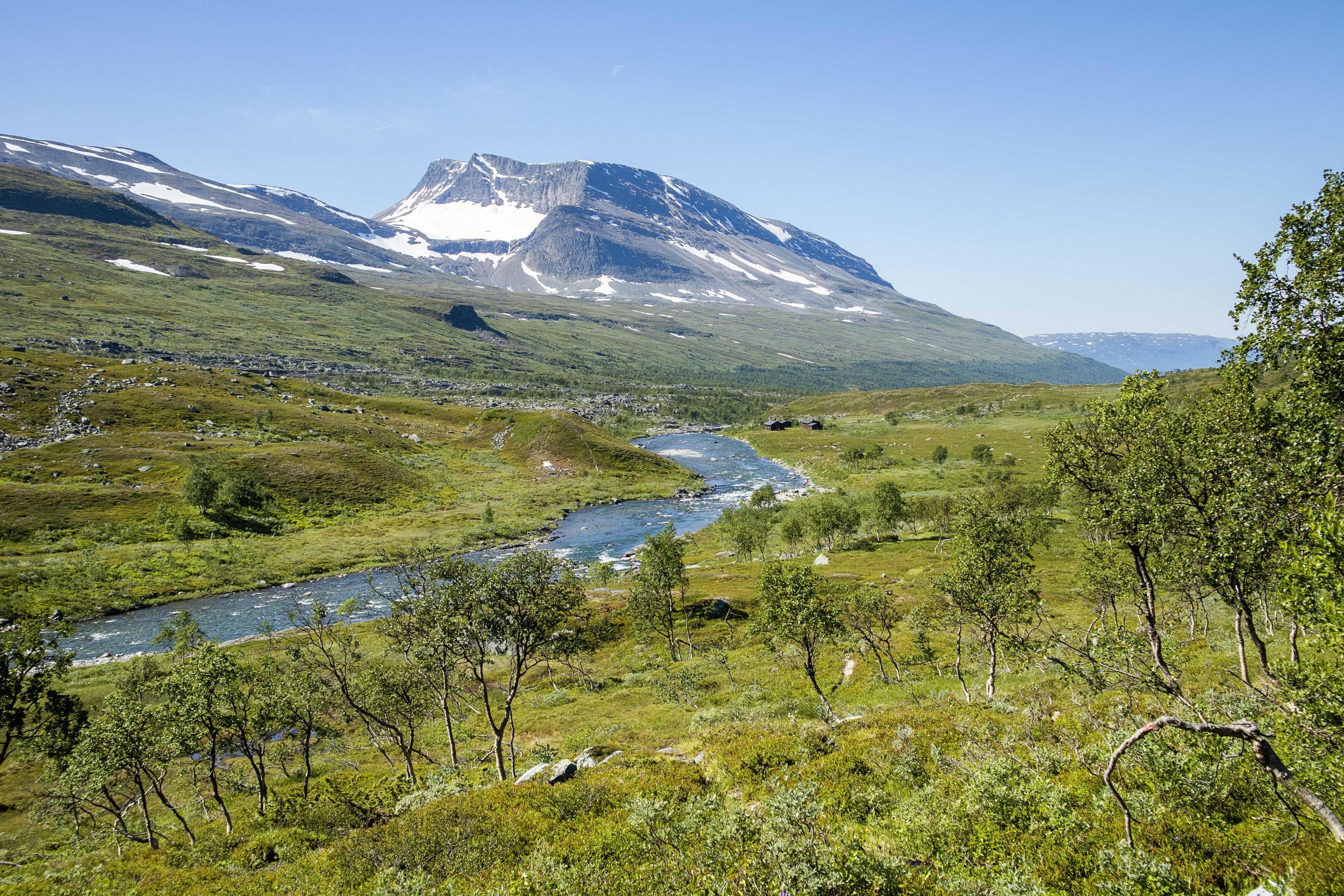 Kuva: Anna Pakkanen Vehreä jokilaakso taustallaan osin luminen tunturi.