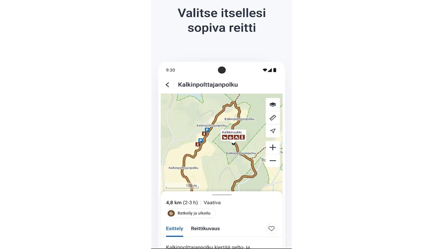 Bild: Metsähallitus Texten "Valitse itsellesi sopiva reitti" (Välj en led som passar dig) visas ovanför en kartbild från Kalkinpolttajanpolku.