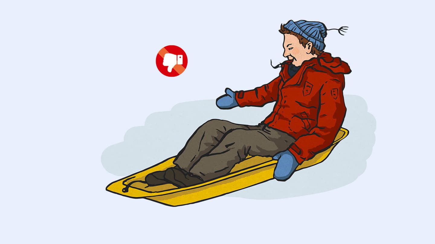 Image: Anna Pakkanen Drawing of a sledder, accompanied by a thumbs-down symbol.