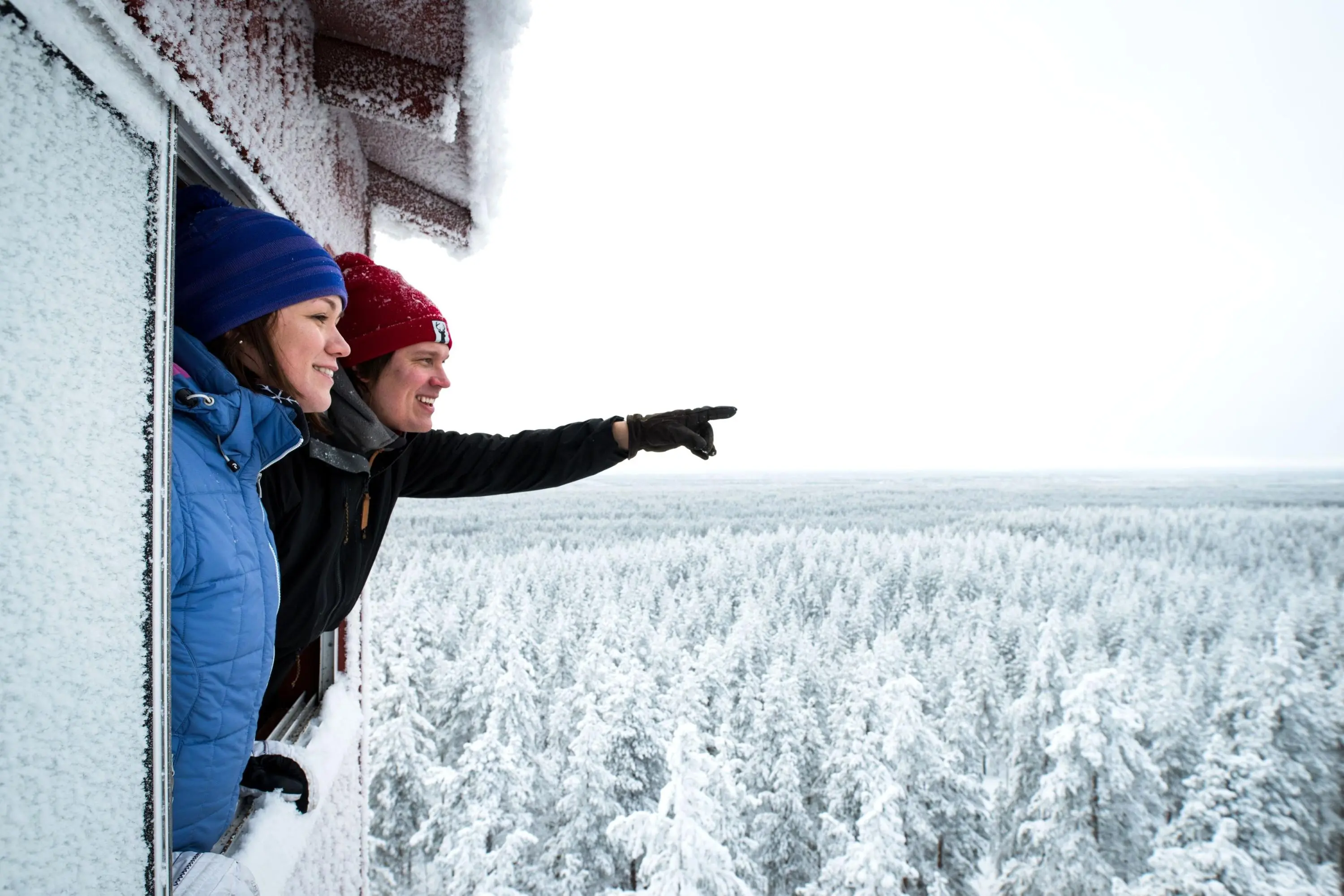 Kuva: Eeva Mäkinen Kaksi henkilöä tarkkailee talvista maisemaa avoimesta näkötornin ikkunasta korkealla puiden latvojen yläpuolella.