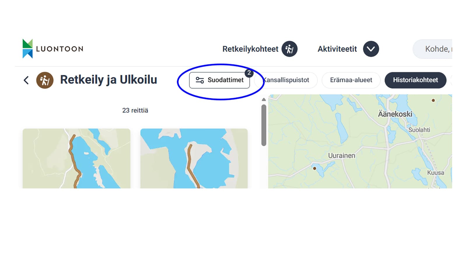 Kohde- ja reittihaussa korostettuna Suodattimet-painike, joka näyttää, kuinka monta suodatinta on valittuna.