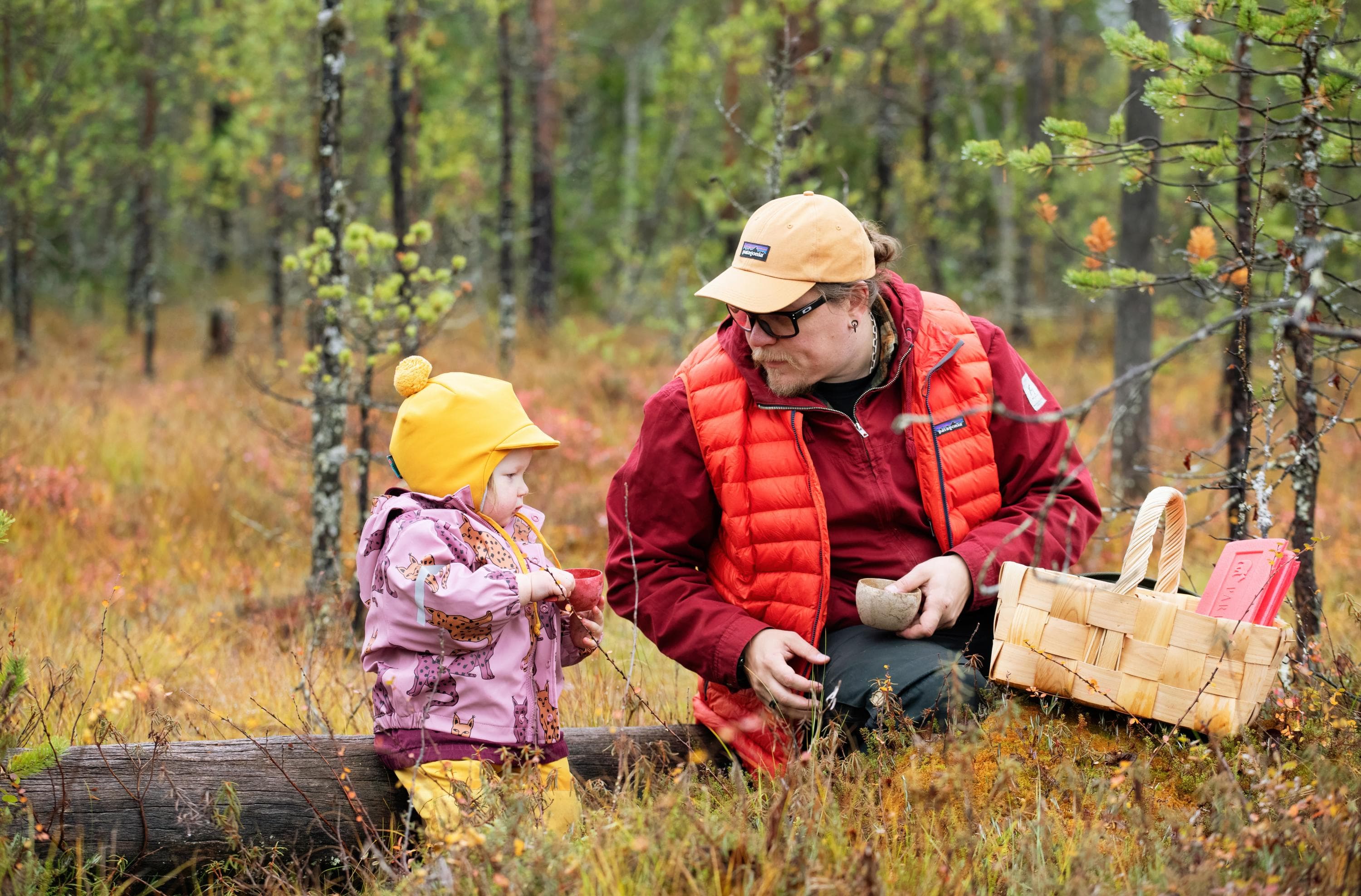 Kuva: Katri Lehtola / Keksi Aikuinen ja lapsi istuvat evästauolla kaatunella kelolla syksyisellä suolla. Käsissä muki ja kuksa, vieressä pärekori.