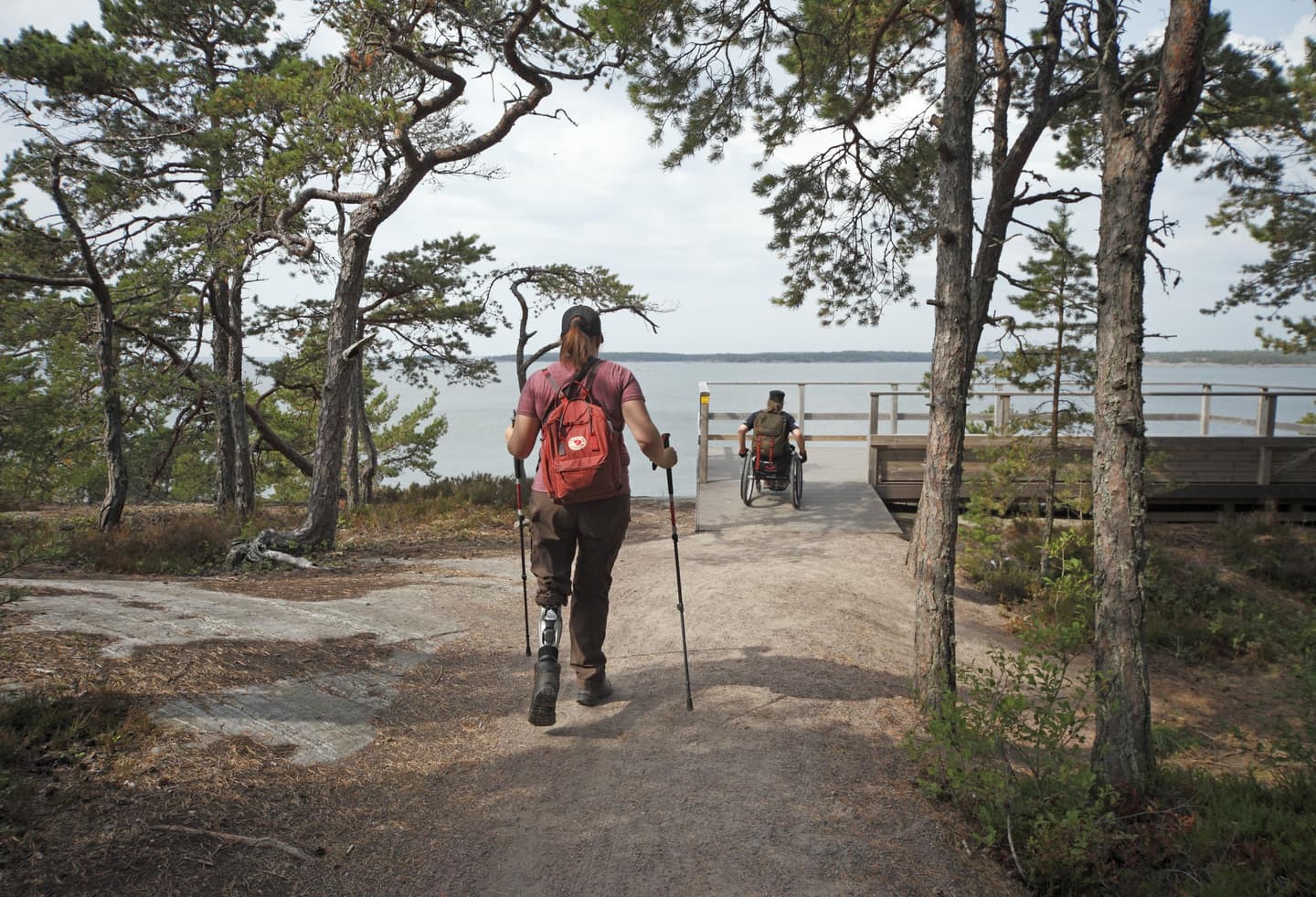 Kuva: Jussi Helimäki Kaksi retkeilijää menossa esteetöntä reittiä pitkin meren rannan esteettömälle näköalatasanteelle kesäpäivänä. Edellä kulkija kelaa pyörätuoliaan perässään patikoija sauvakävellen.