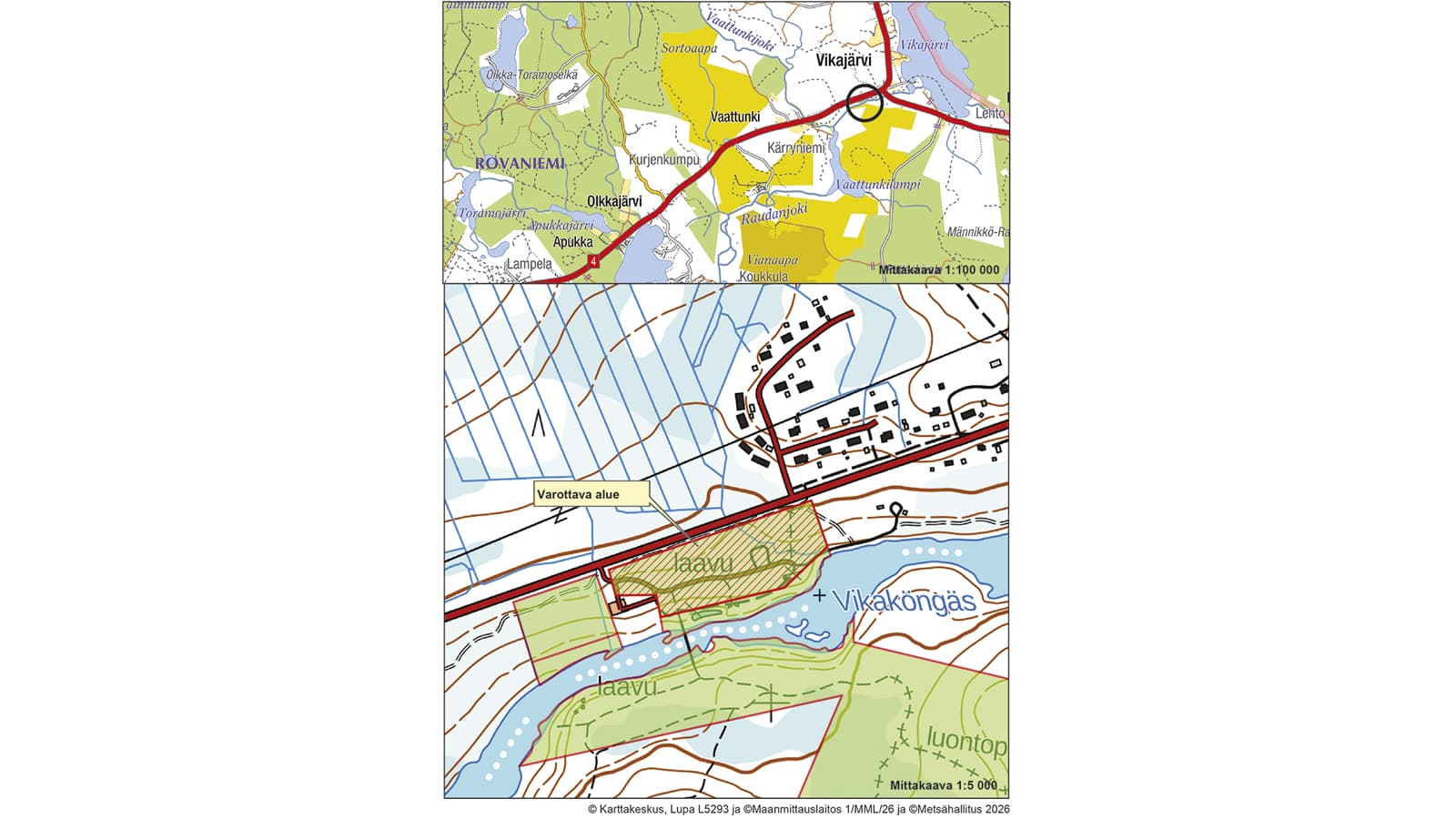 Kuva: Karttakeskus, Maanmittauslaitos ja Metsähallitus. Kartta varottavasta alueesta.