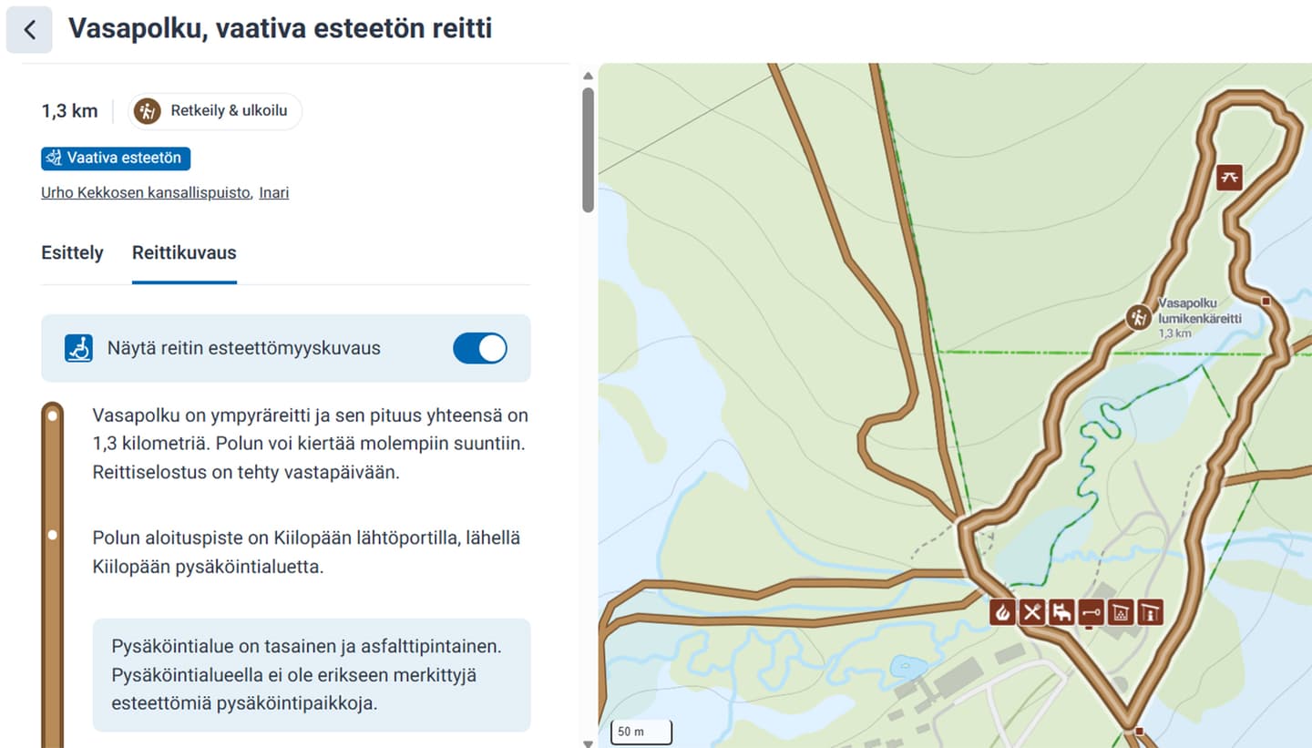 Image: Metsähallitus Vasapolku, trail description for a demanding accessible route, including accessibility information, displayed alongside the map view.