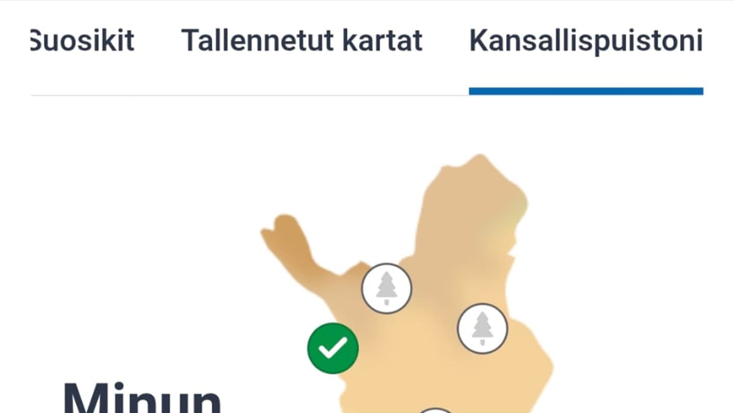 Image: Metsähallitus The My national parks tab is active. The northern part of Finland is visible, with three map symbols, one marked as visited.