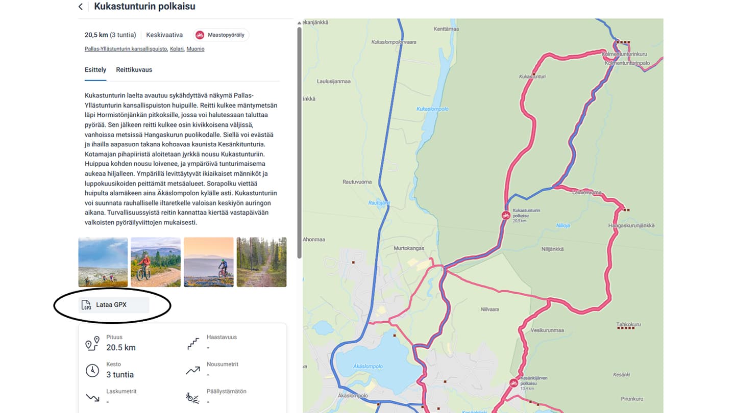 Kuva: Metsähallitus Kukastunturin polkasun -reitin esittelytiedoista on ympyröitynä kohta Lataa GPX.