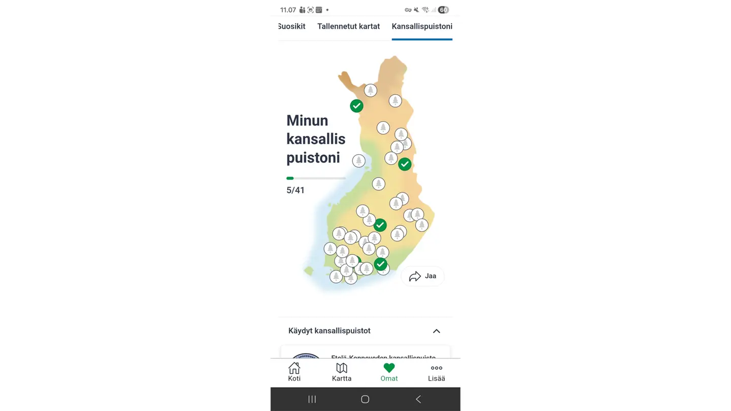 Image: Metsähallitus Mobile view showing the My national parks tab, a map of Finland and the text “My national parks”.