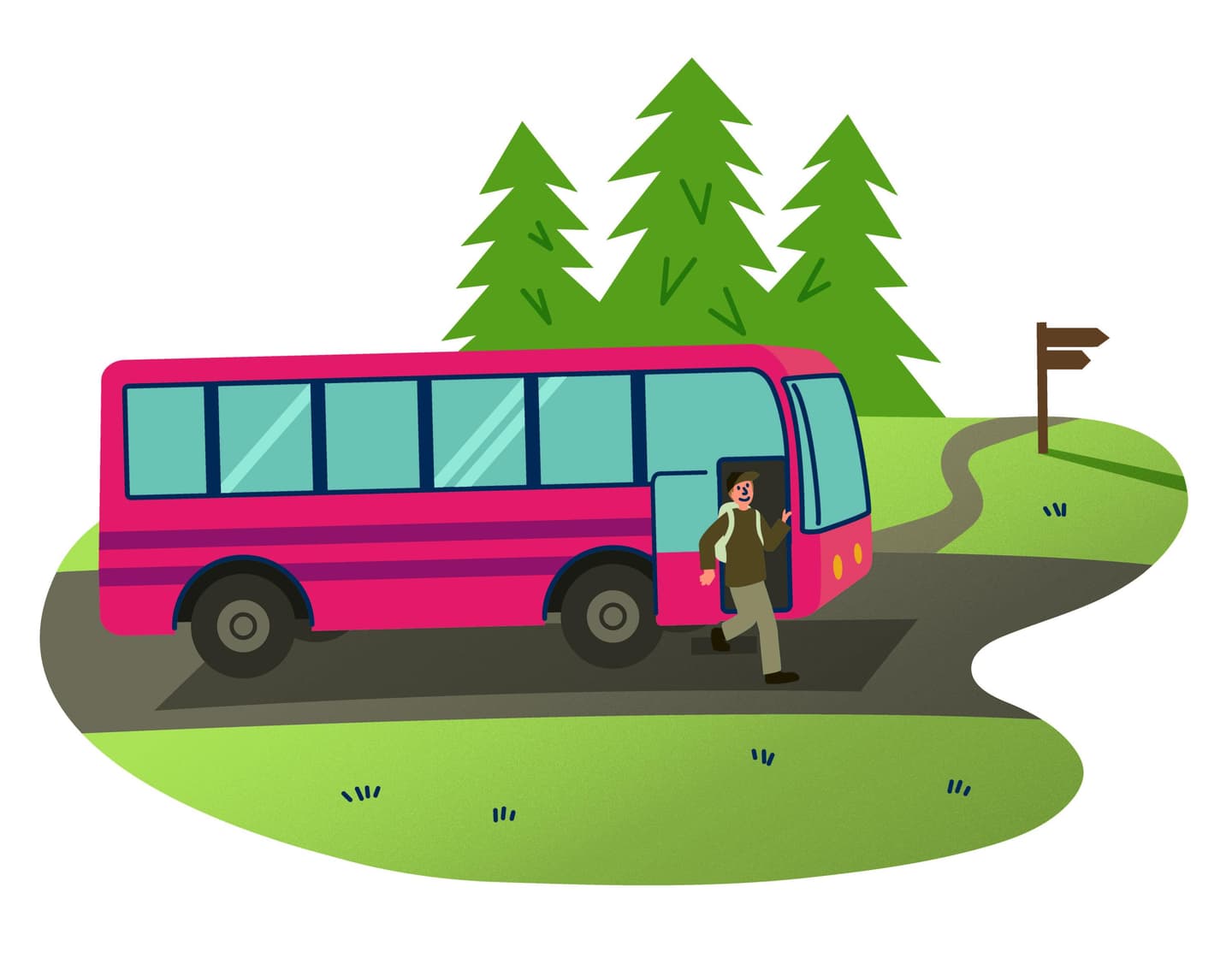 Image: Anna Pakkanen An illustrated person is stepping off a red bus. A hiking trail begins in the background.