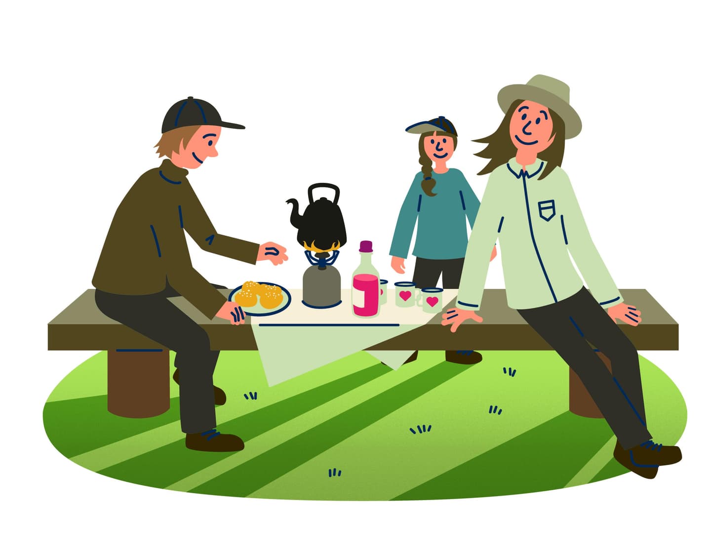 Image: Anna Pakkanen Three people are having a snack break without a campfire in an illustration.