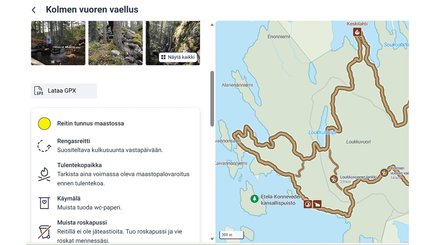 Kuva: Metsähallitus Näkymässä Kolmen vuoren vaellus -reitin tietoja.