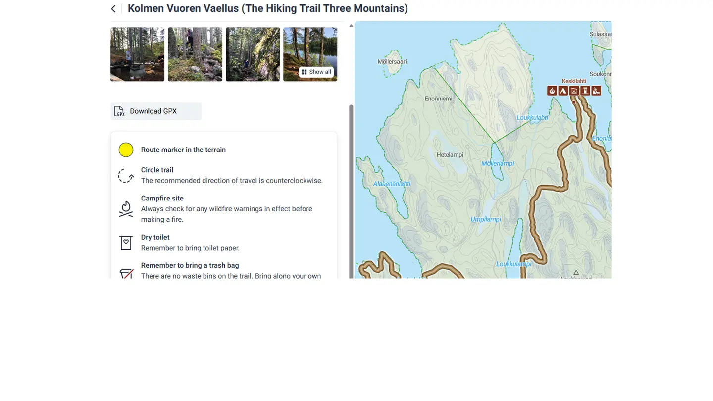 Image: Metsähallitus The view shows information about the Kolmen vuoren vaellus trail (The Hiking Trail Three Mountains).