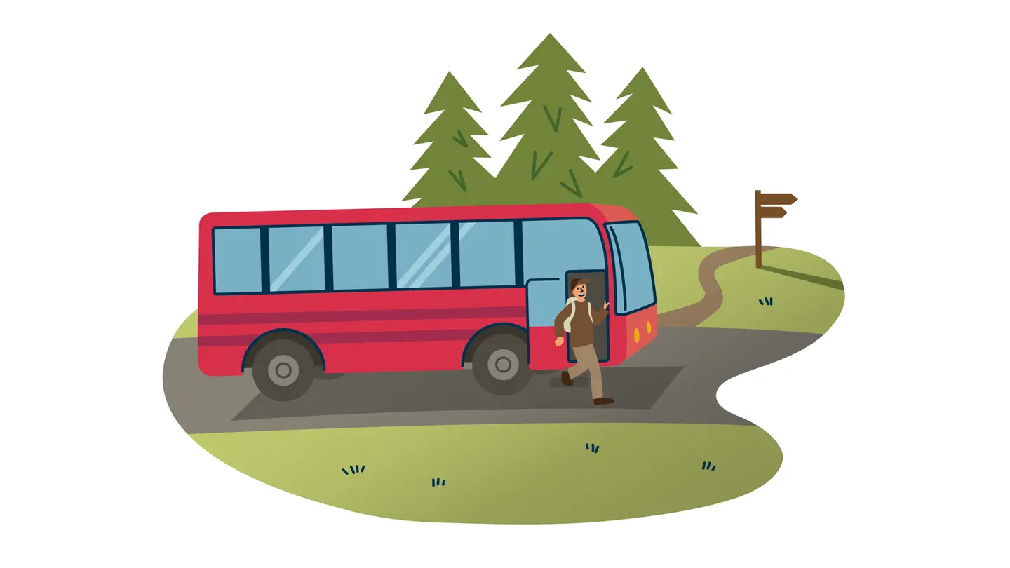 Image: Anna Pakkanen An illustrated person is stepping off a red bus. A hiking trail begins in the background.