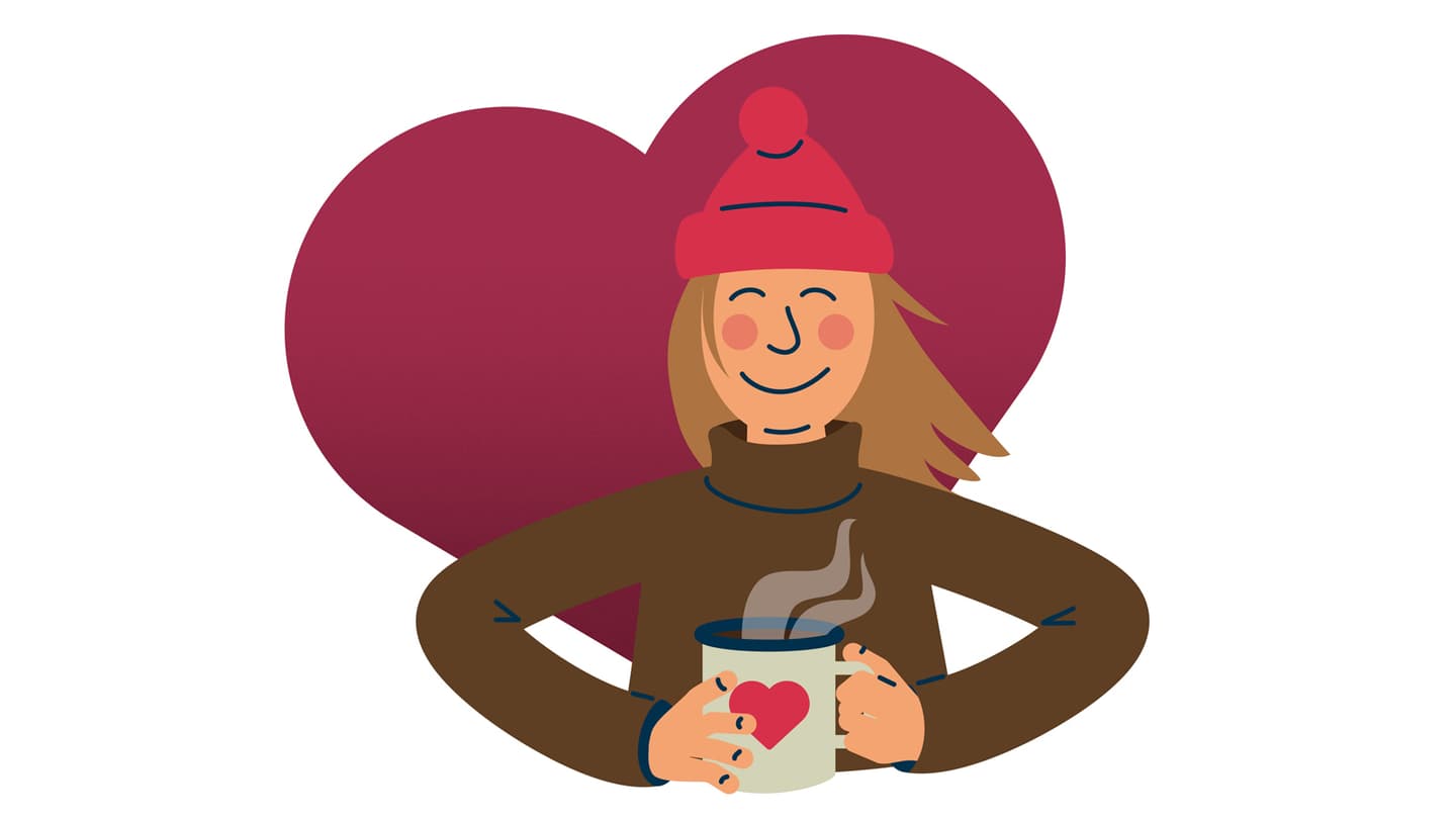 Bild: Anna Pakkanen En person i en illustration med röd mössa håller en ångande kopp i handen. I bakgrunden syns ett lila hjärta.