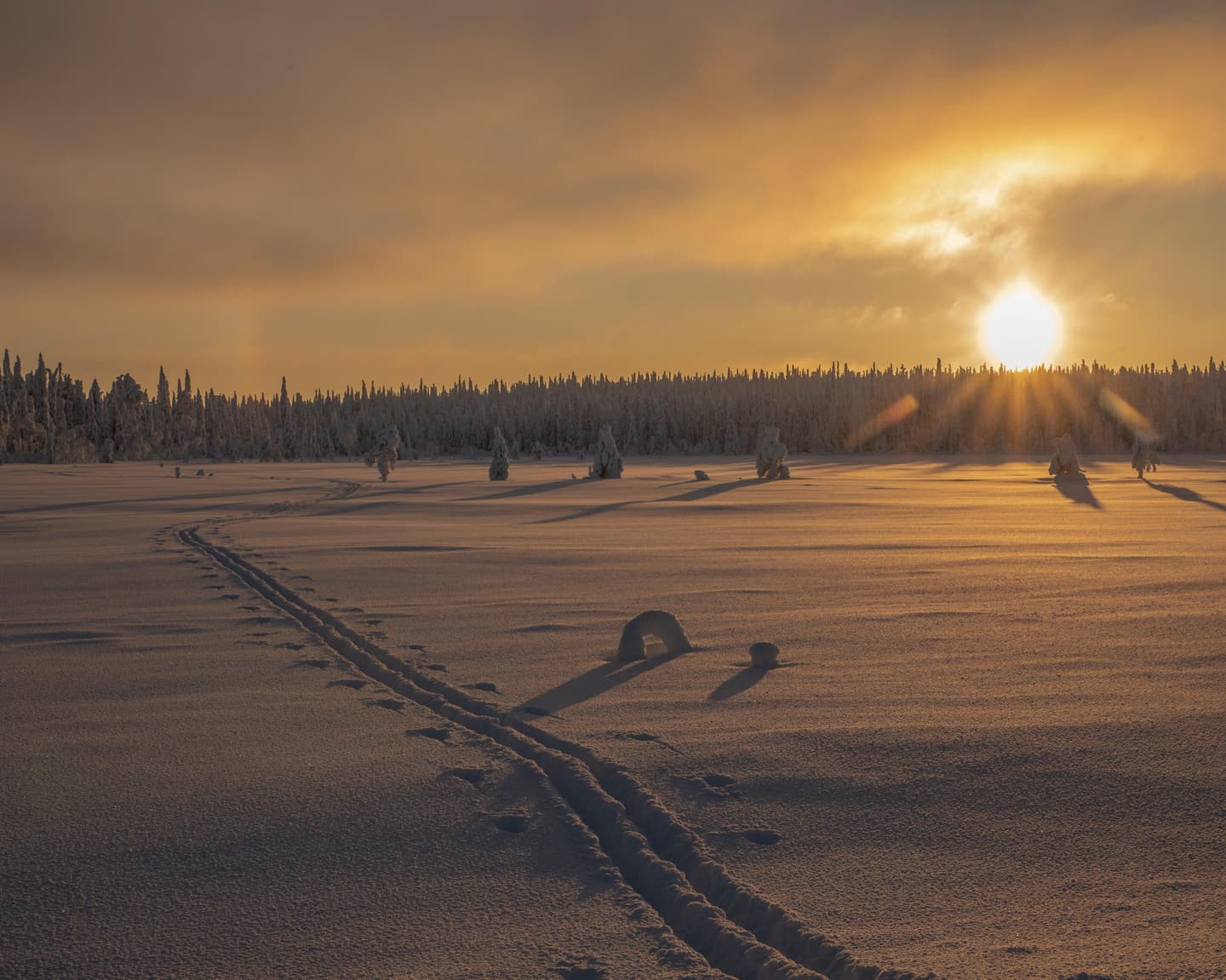 Image: Kahtelis Oy A winter sunset over a mire. A ski track crosses the open landscape.