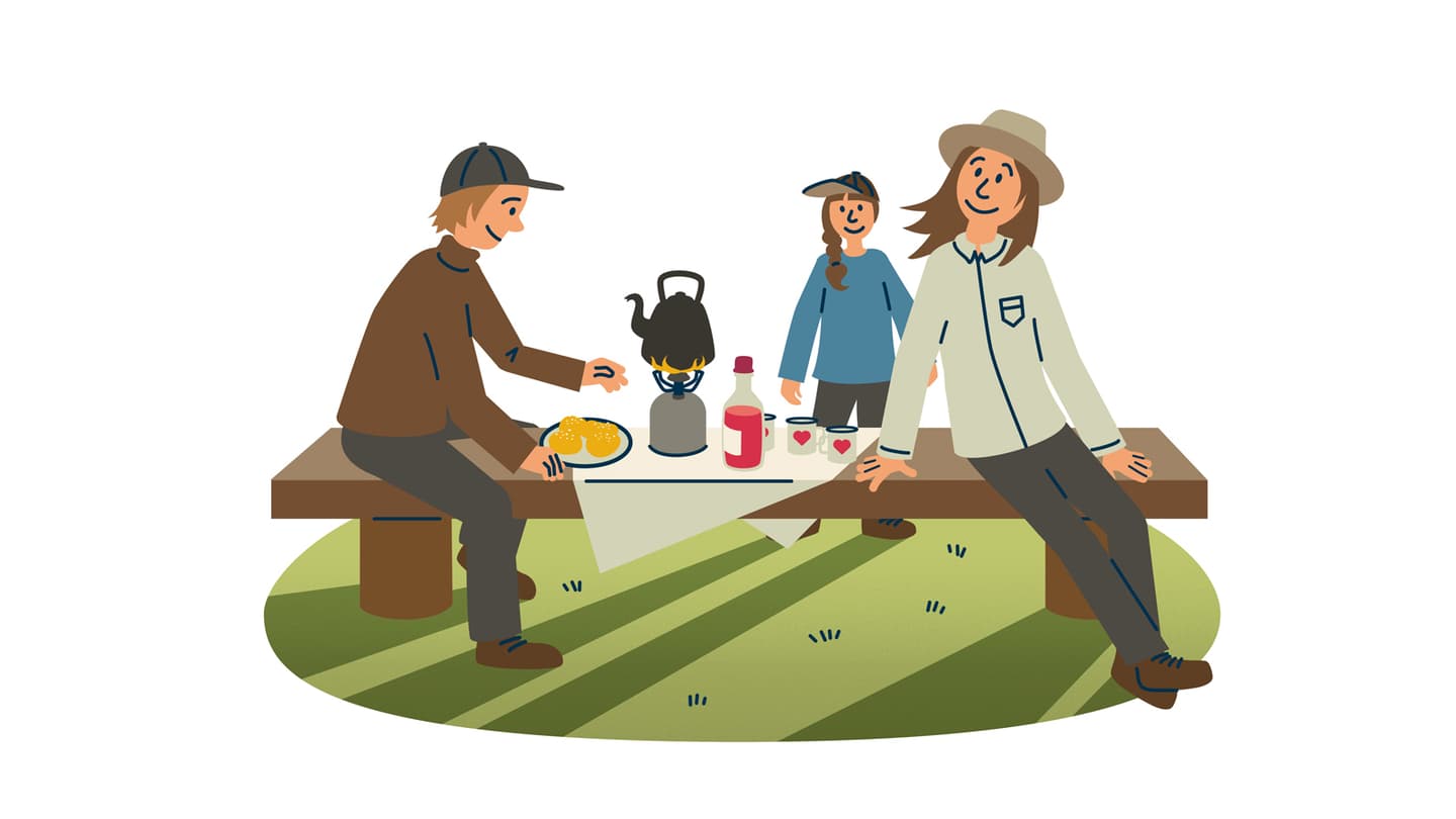Image: Anna Pakkanen Three people are having a snack break without a campfire in an illustration.