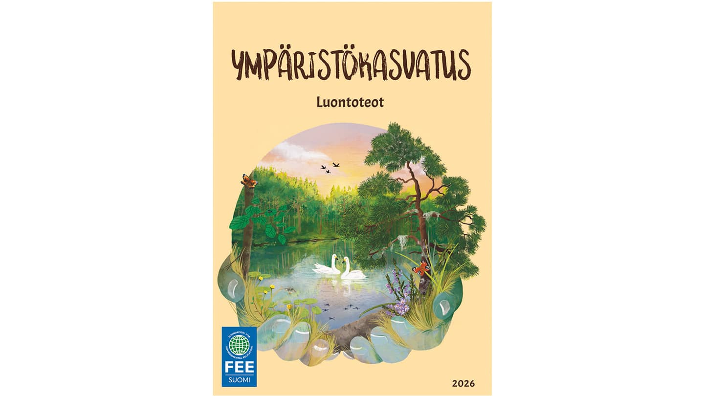 Kansikuva Ympäristlkasvatus-lehdestä: piirretty kuva lammesta, jossa on joutsenia.