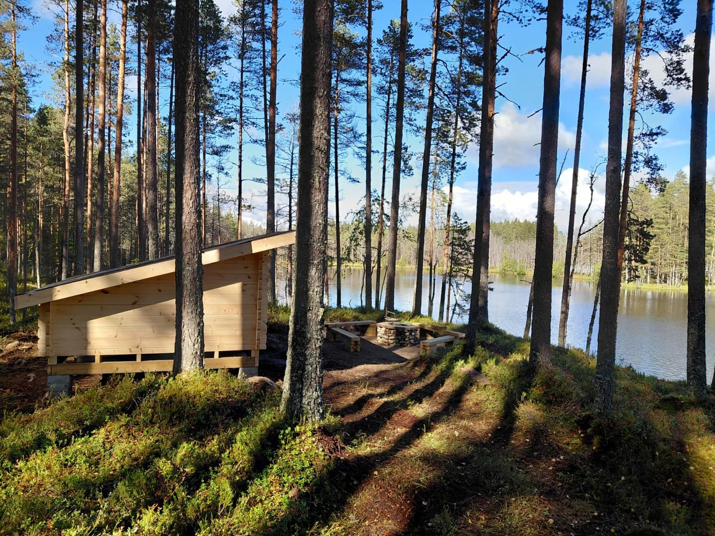 Kuva: Arto Pummila Laavu ja tulentekopaikka järven rannassa. Laavun ympäristö on mäntymetsää.