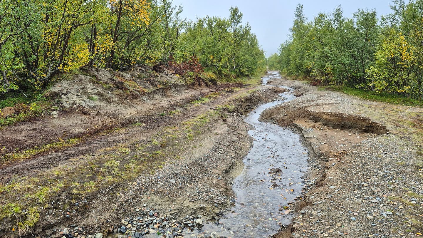 Kuva: Marika Koskiniemi Syksyinen hiekkatie vesiurineen.