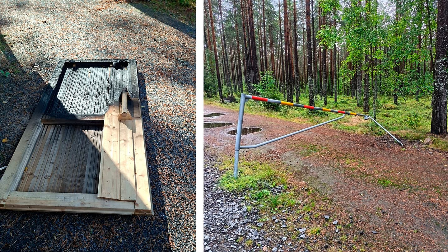 Kuva: Metsähallitus Kuvakoosteessa on poltettu puinen ovi ja rikottu puomi.