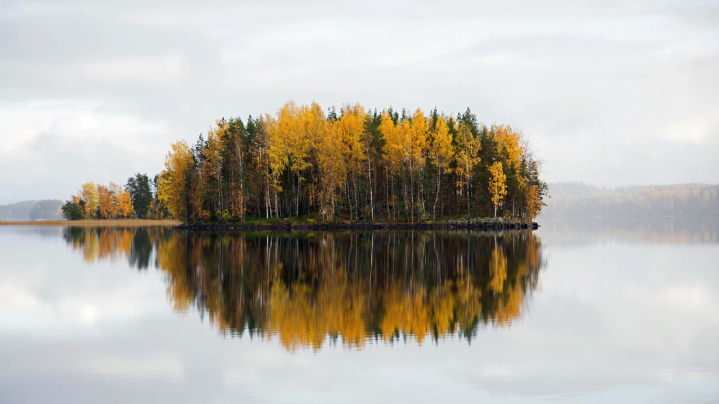 En ö i höstfärger reflekteras från den stilla sjön.