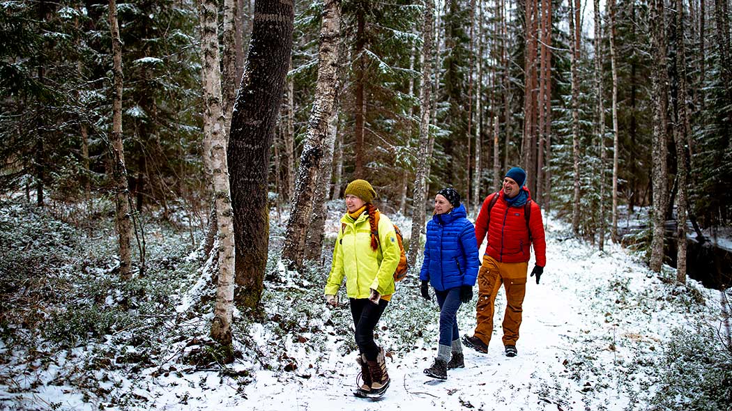 Kolme retkeilijää värikkäissä vaatteissa lumisella luontopolulla.