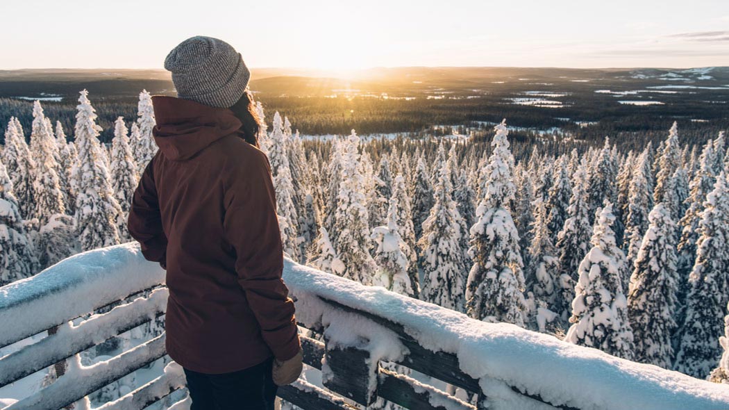 Ruskeatakkinen nainen tähyilee korkealta näköalatornista auringonlaskua yli lumen peittämän kuusimetsän.