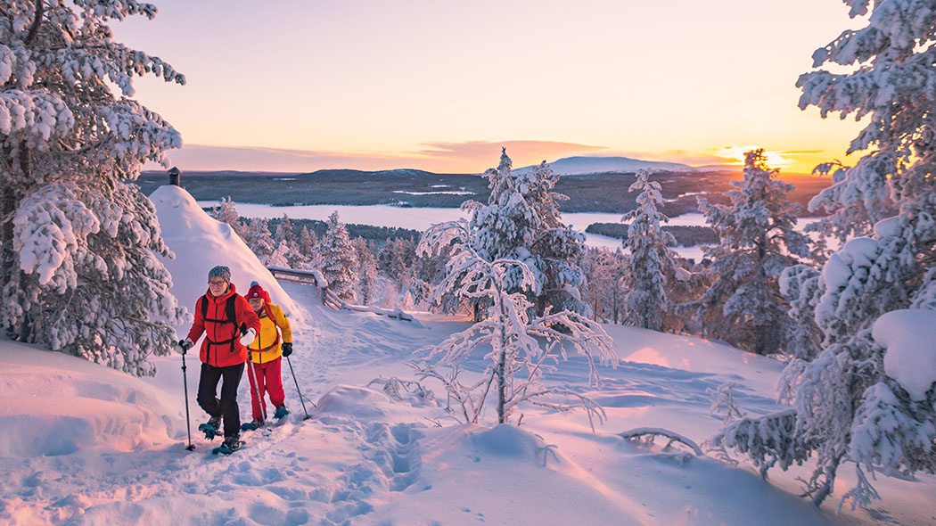 Kaksi retkeilijää nousemassa lumikengillä vaaralle. Ympärillä lumisia mäntyjä ja taustalla horisontissa tuntureita. Aurinko paistaa hyvin matalalta ja se värjää maiseman punertavaksi.