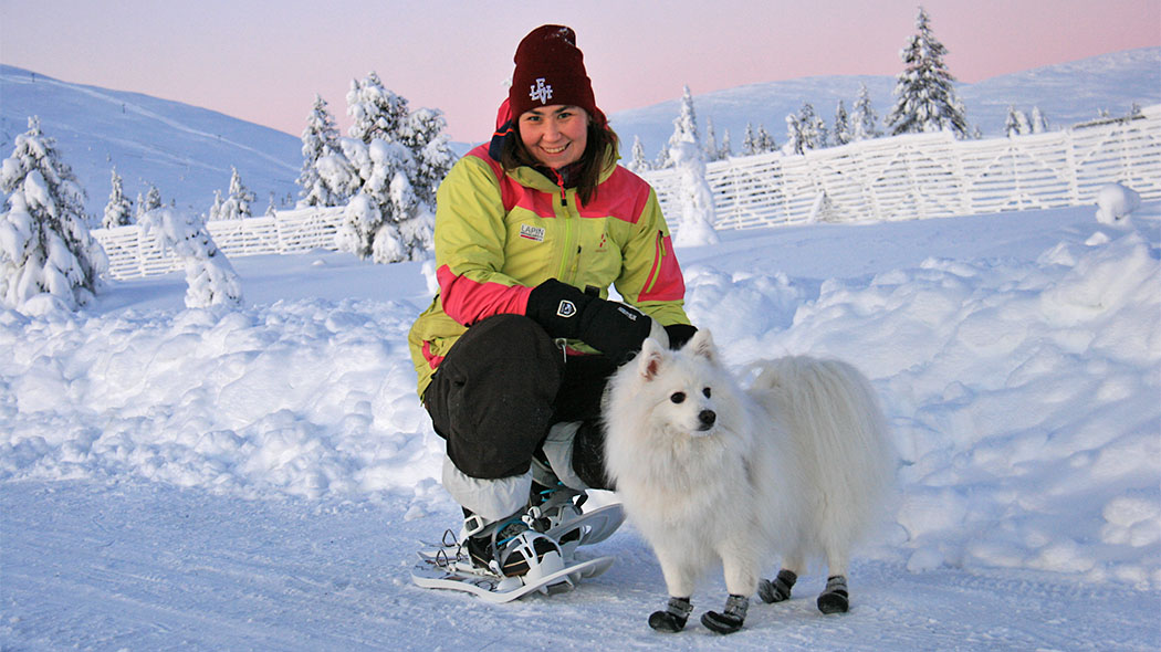 Nainen ja koira lähdössä lumikenkäilemään. Kuvassa kaamospäivän vaaleanpunainen valo. Koiralla on tossut jaloissaan.