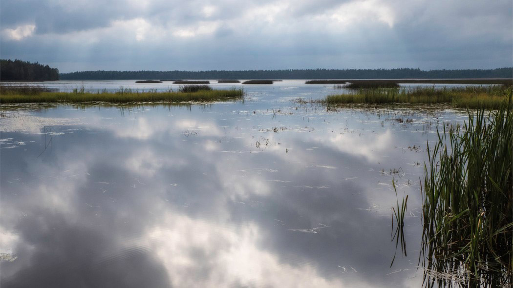 Järvimaisema. Taivaalla synkät pilvet, jotka heijastuvat järven pintaan. Koskeljärvi. Kuva: Tuija Warén.