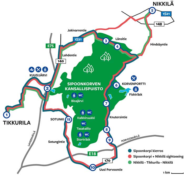 Kartta, jossa on Sipoonkorven palvelut ja bussireitti.
