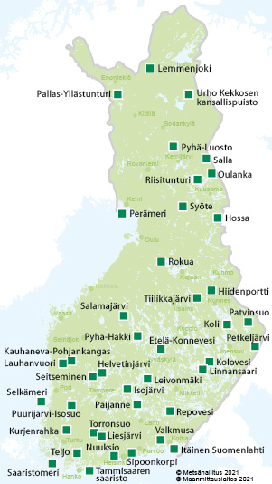 Kansallispuistojen sijainti Suomen kartalla.